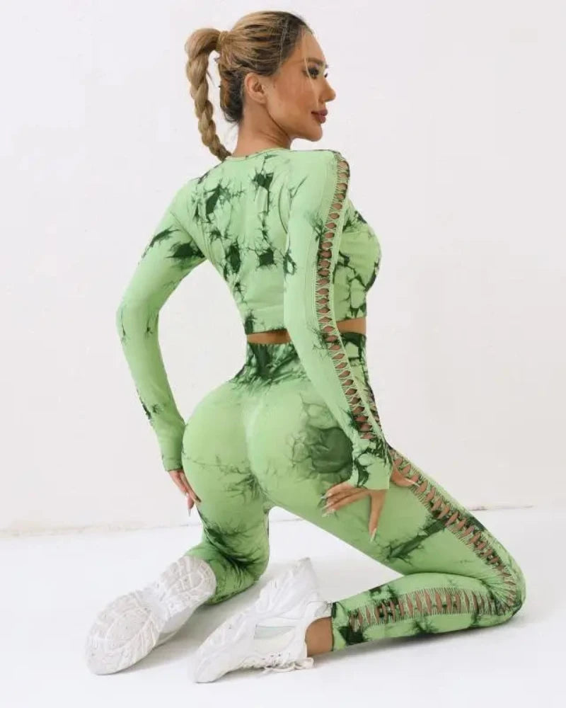 Komplet sportowy Tie Dye top + legginsy z rozcięciami