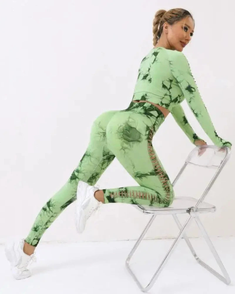 Komplet sportowy Tie Dye top + legginsy z rozcięciami