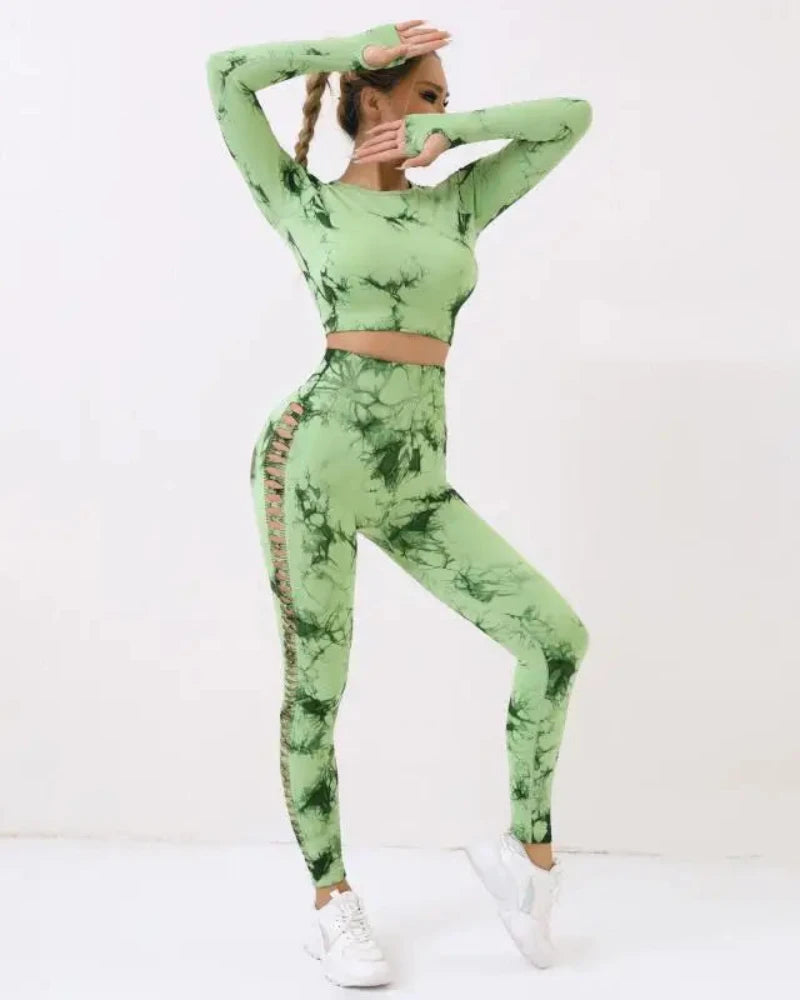 Komplet sportowy Tie Dye top + legginsy z rozcięciami