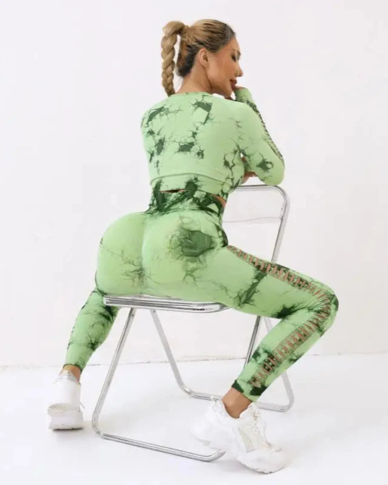 Komplet sportowy Tie Dye top + legginsy z rozcięciami
