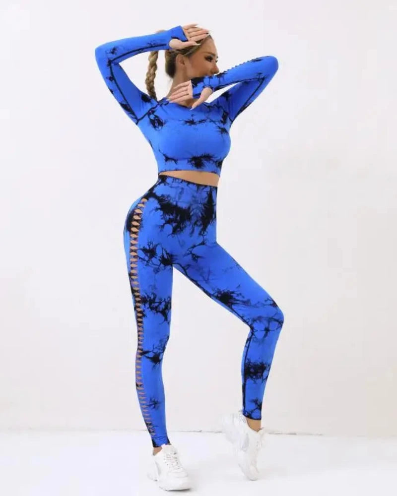Komplet sportowy Tie Dye top + legginsy z rozcięciami