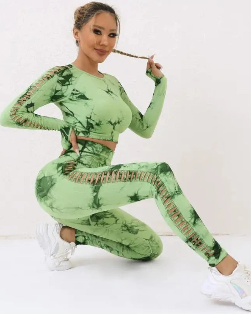 Komplet sportowy Tie Dye top + legginsy z rozcięciami
