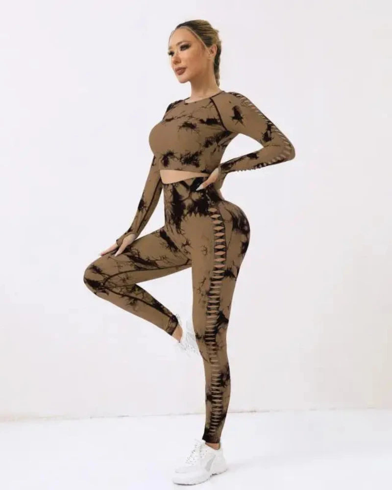 Komplet sportowy Tie Dye top + legginsy z rozcięciami