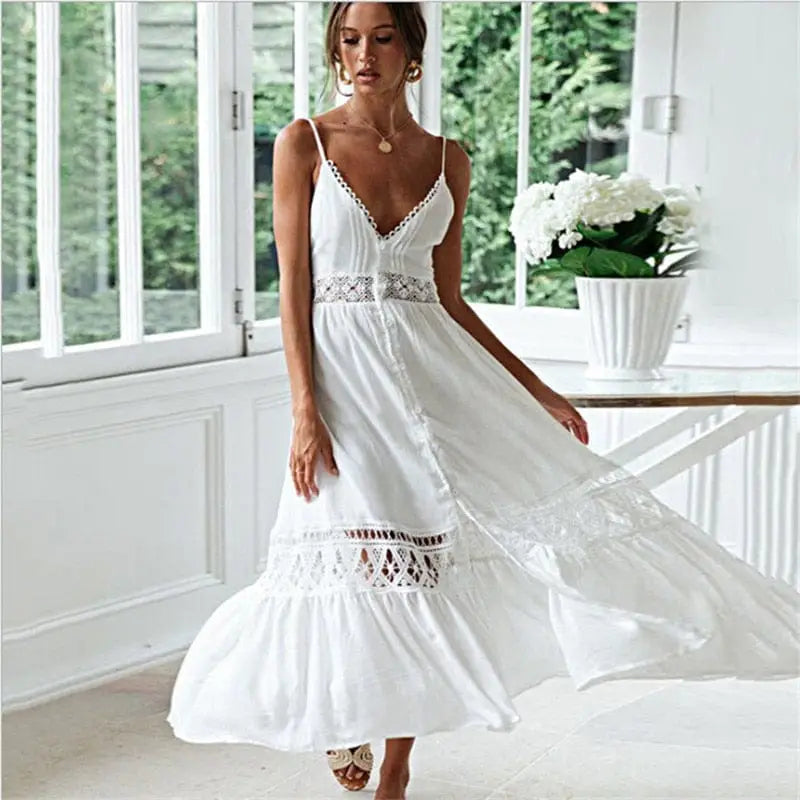 Ażurowa sukienka plażowa na ramiączkach - Biały / S