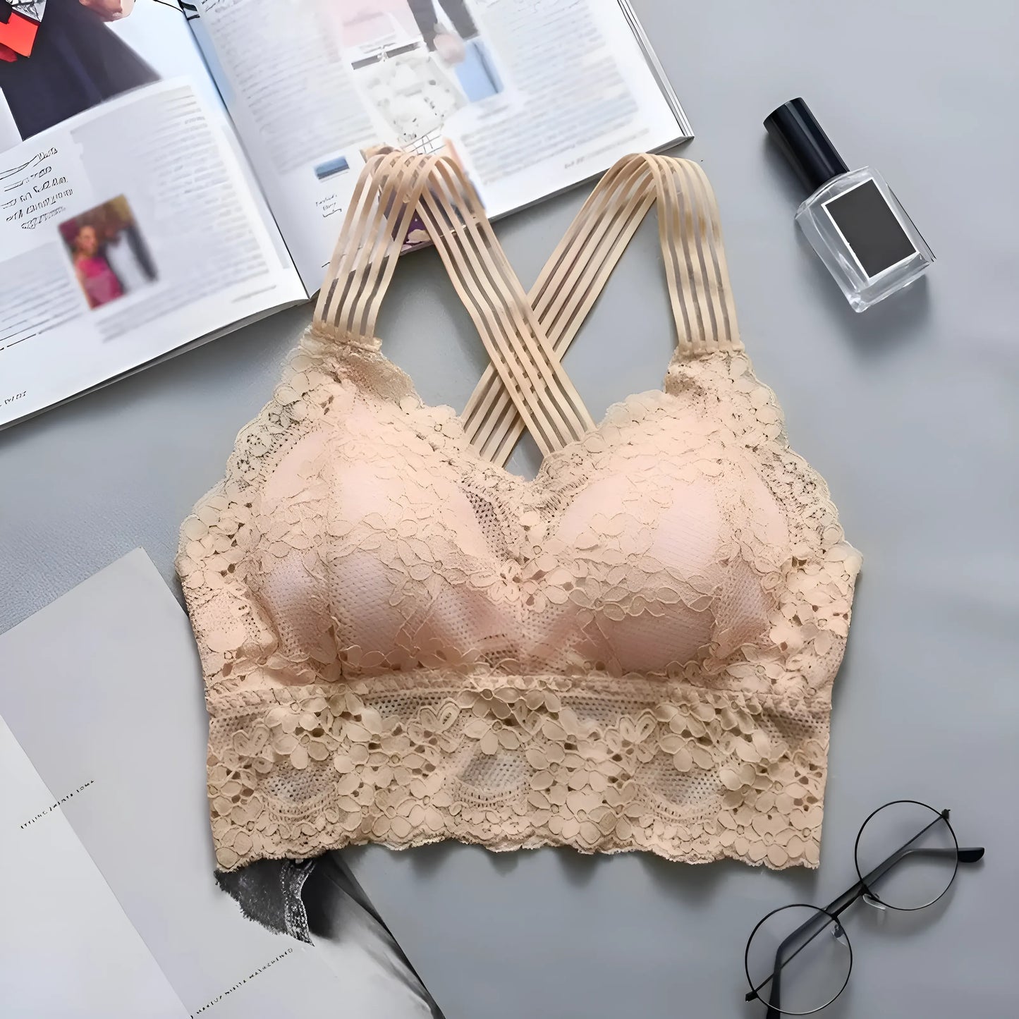 Beżowy Biustonosz koronkowy bralette w formie topu