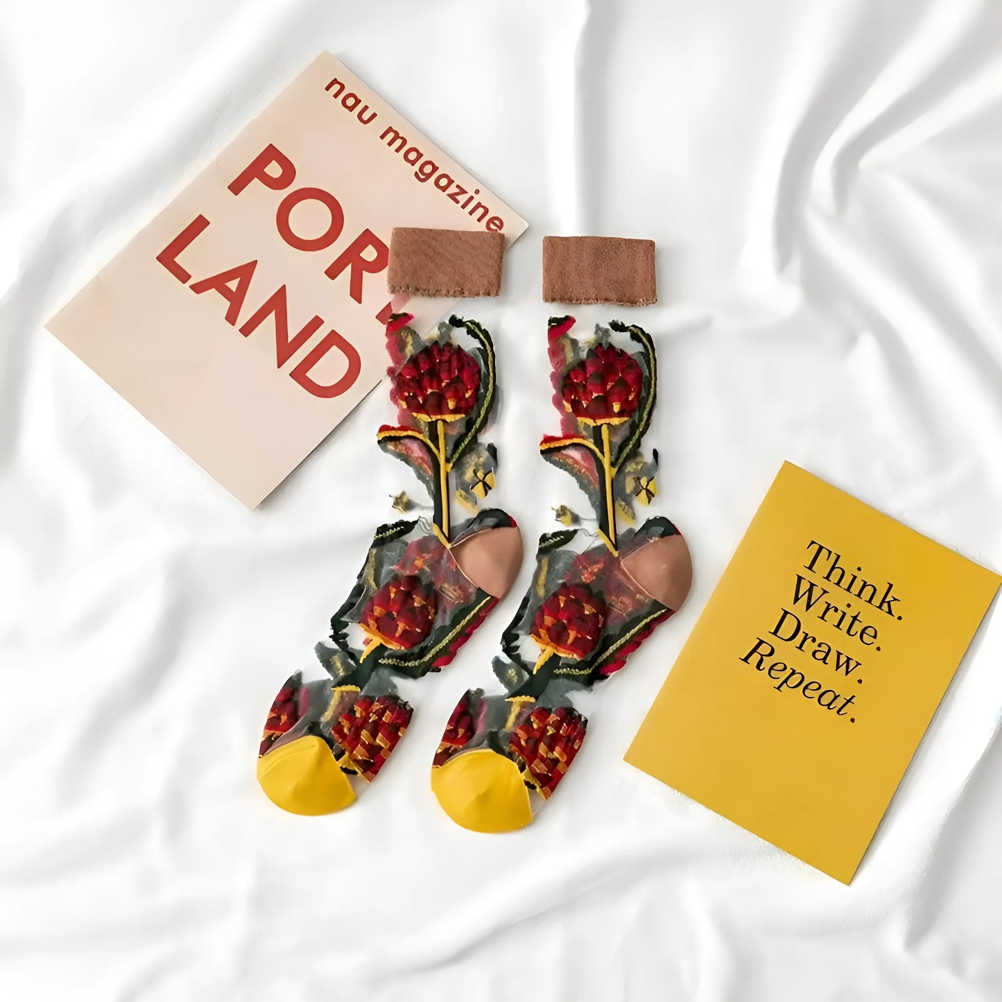 Brązowy Transparentne skarpetki z motywem kwiatów