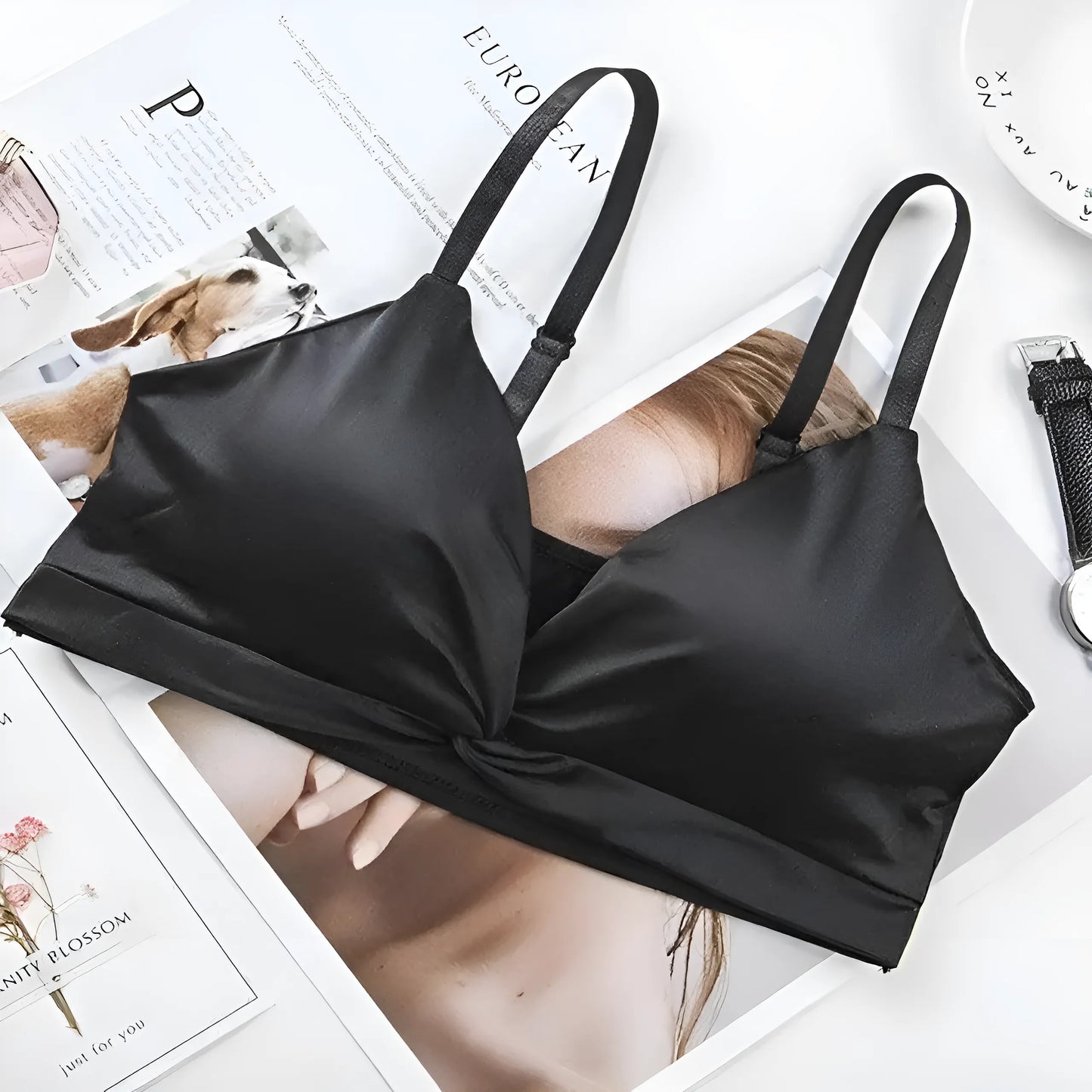 Czarny Satynowy biustonosz bralette