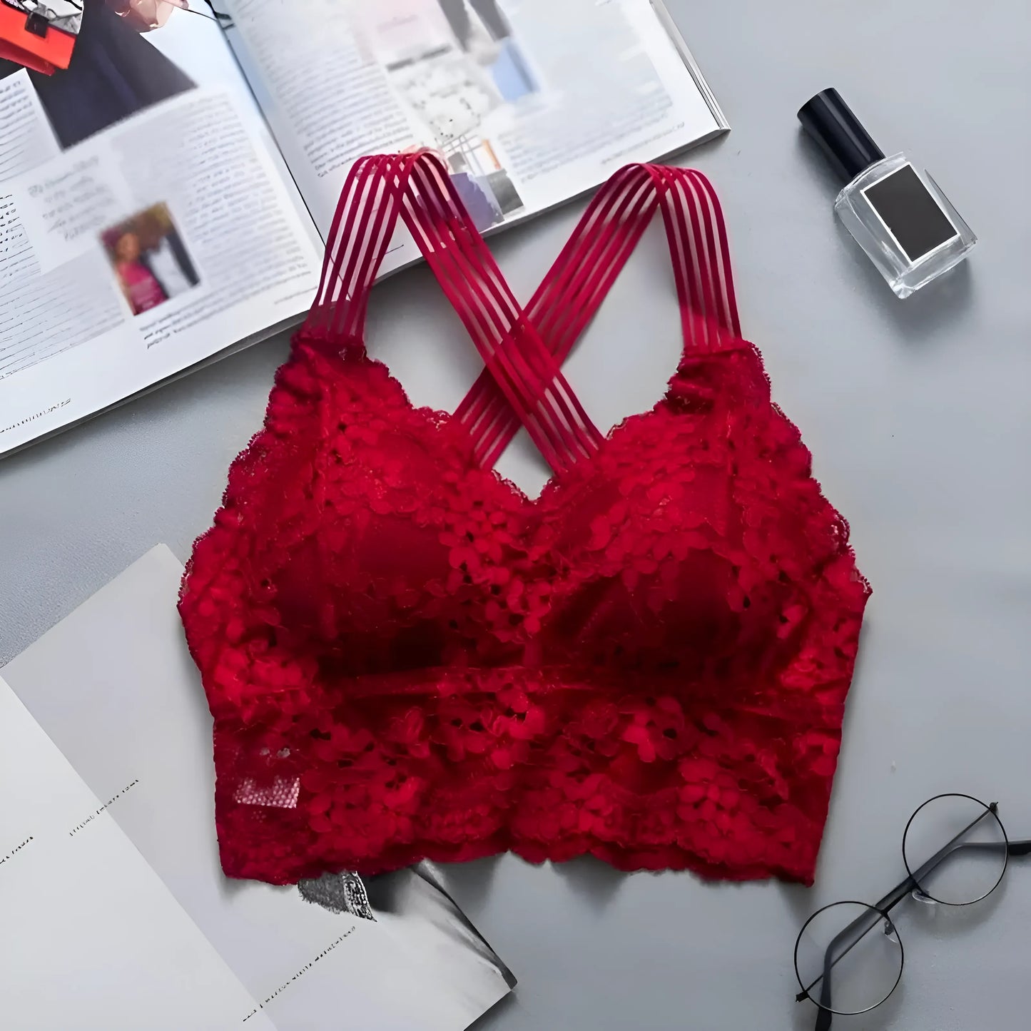 Czerwony Biustonosz koronkowy bralette w formie topu