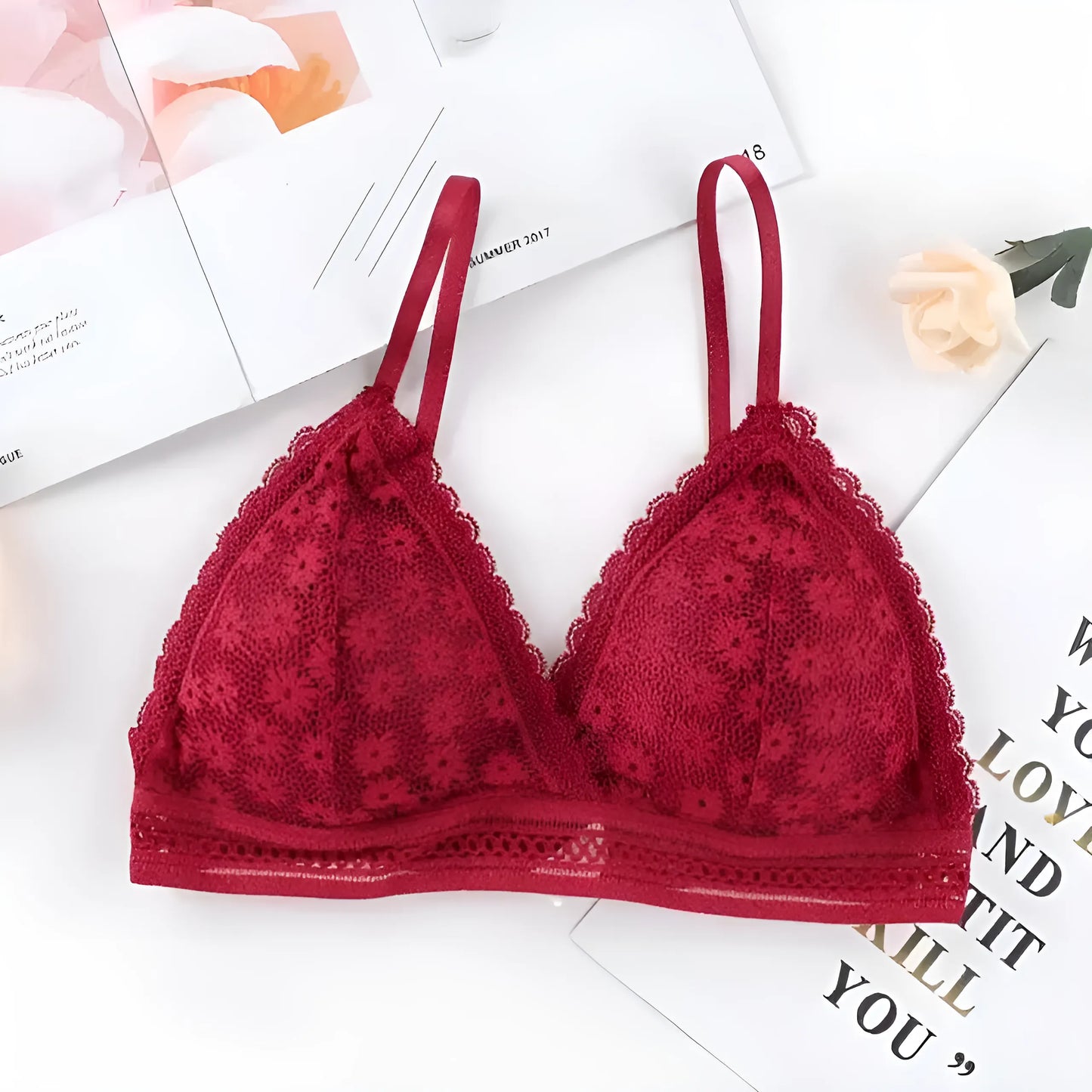 Czerwony Koronkowy biustonosz bralette