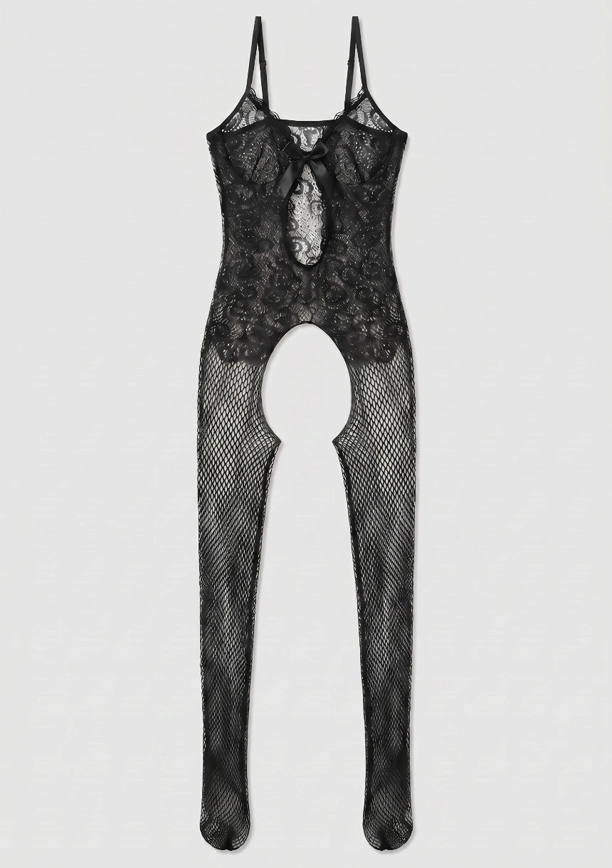Bodystocking o wzorze kabaretki z ozdobną kokardką