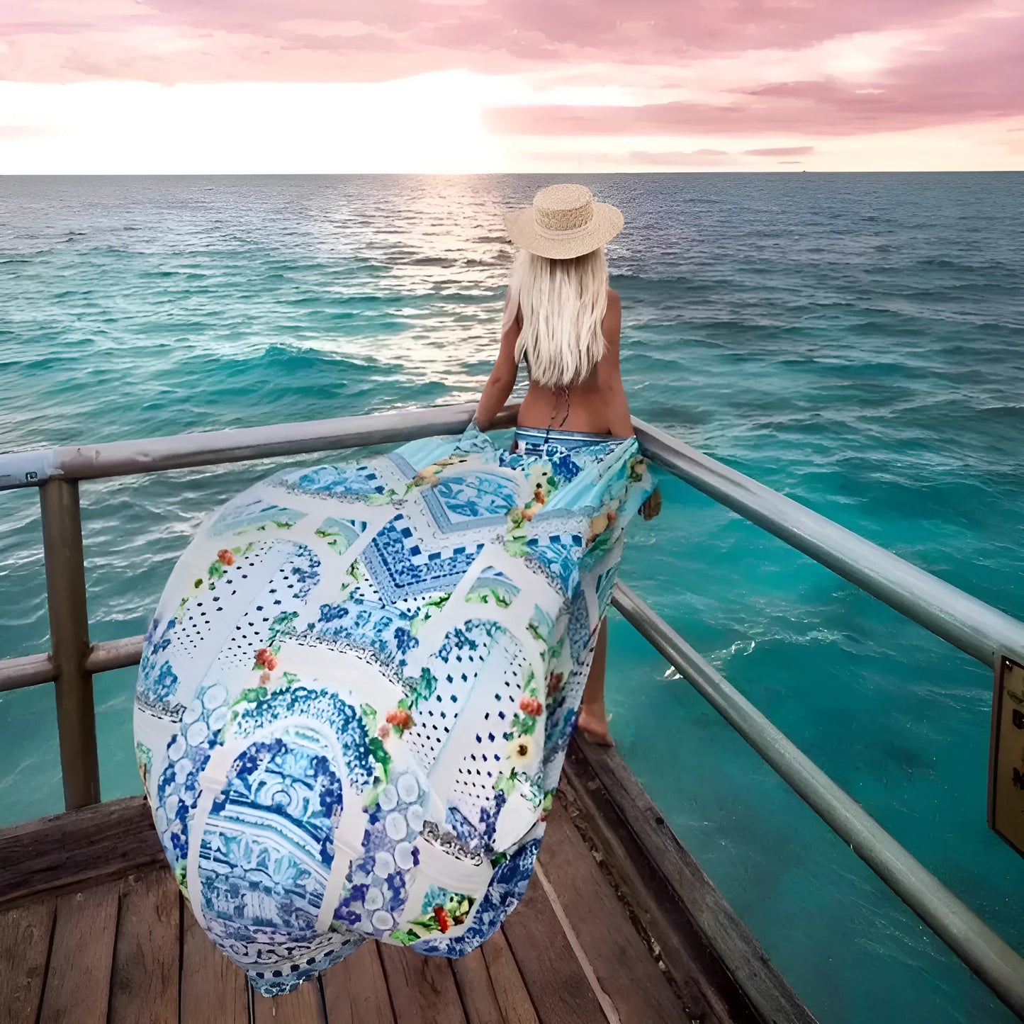 Niebieski Długie kimono plażowe w kolorowe wzory
