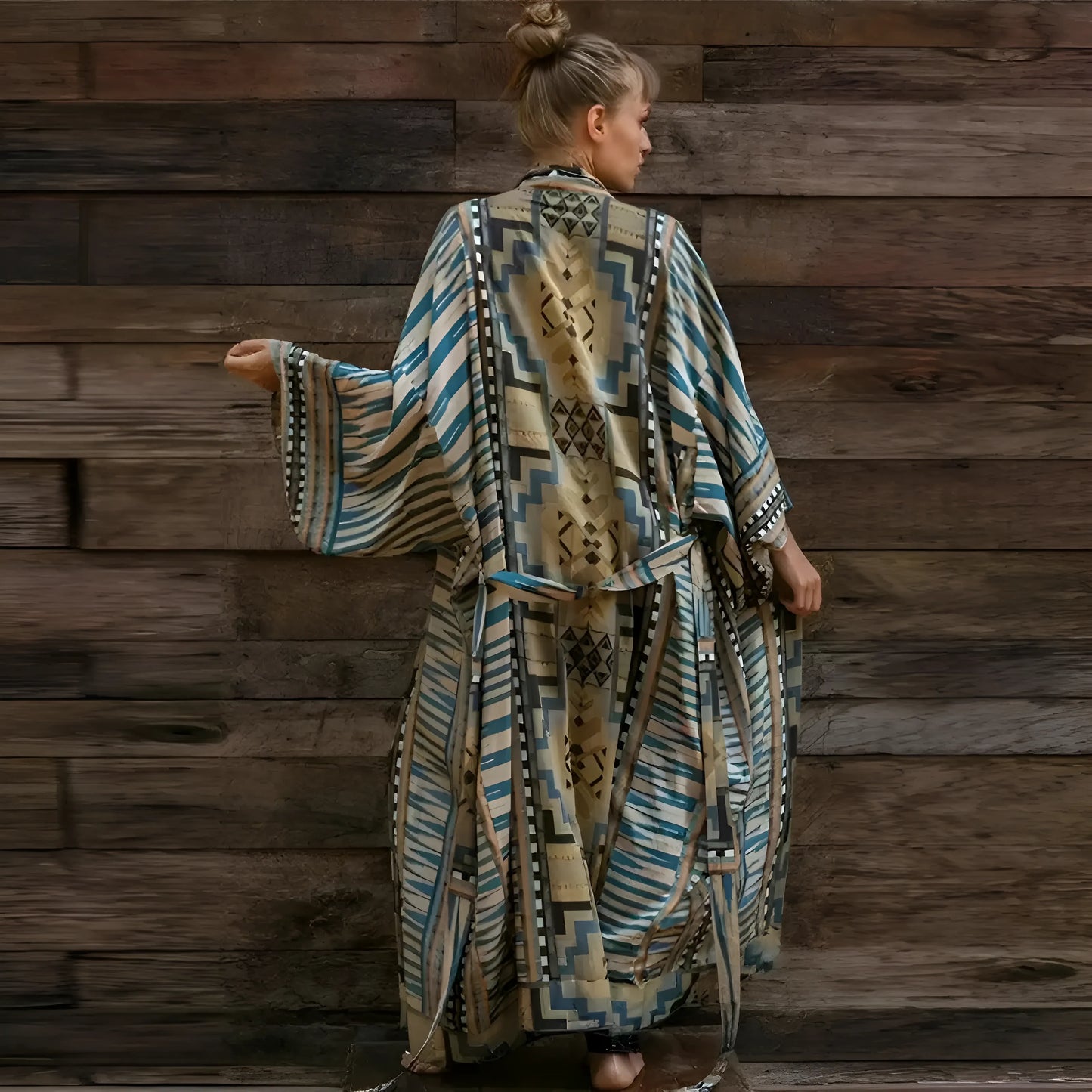 Niebieski Kimono plażowe w azteckie wzory