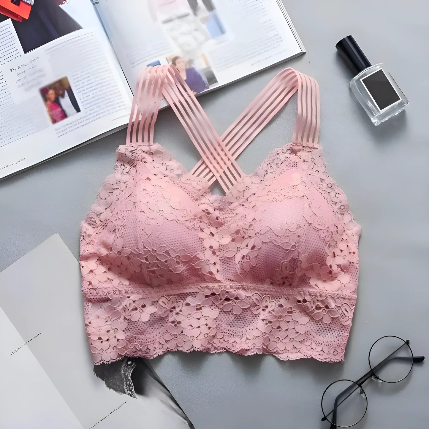 Różowy Biustonosz koronkowy bralette w formie topu