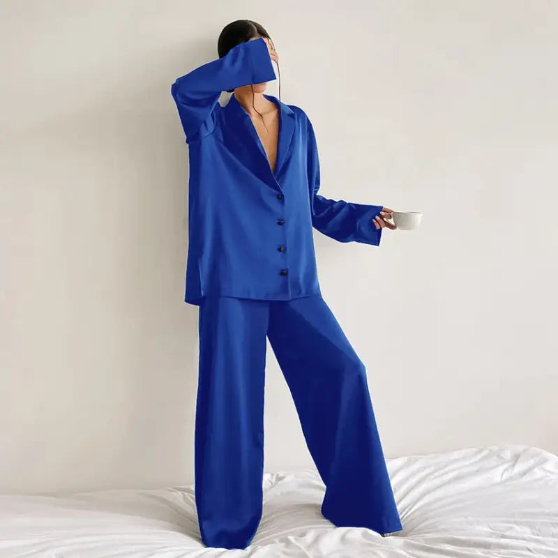 Szeroka satynowa piżama - Niebieski / S