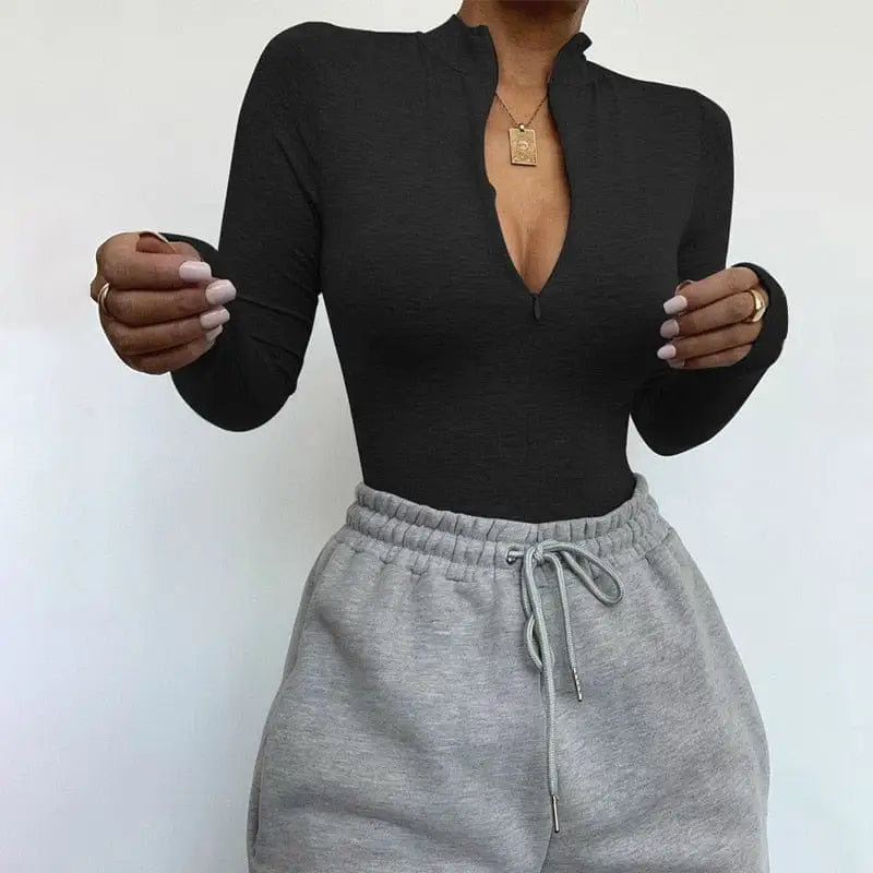 Zabudowane body damskie z suwakiem - Czarny / S