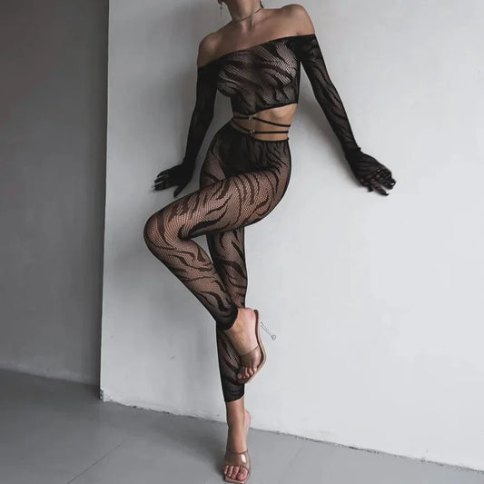 Komplet bielizny bodystocking z prześwitującego materiału sieciowego