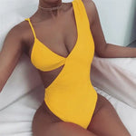Asymetryczny strój kąpielowy jednoczęściowy - Żółty / S
