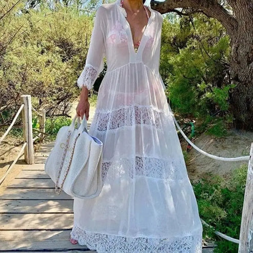 Ażurowa sukienka na plażę z dekoltem ’V’ - Biały / Uniwersalny