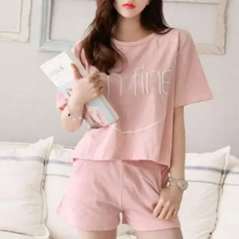 Bawełniana piżama z krótkim topem - Różowy / S