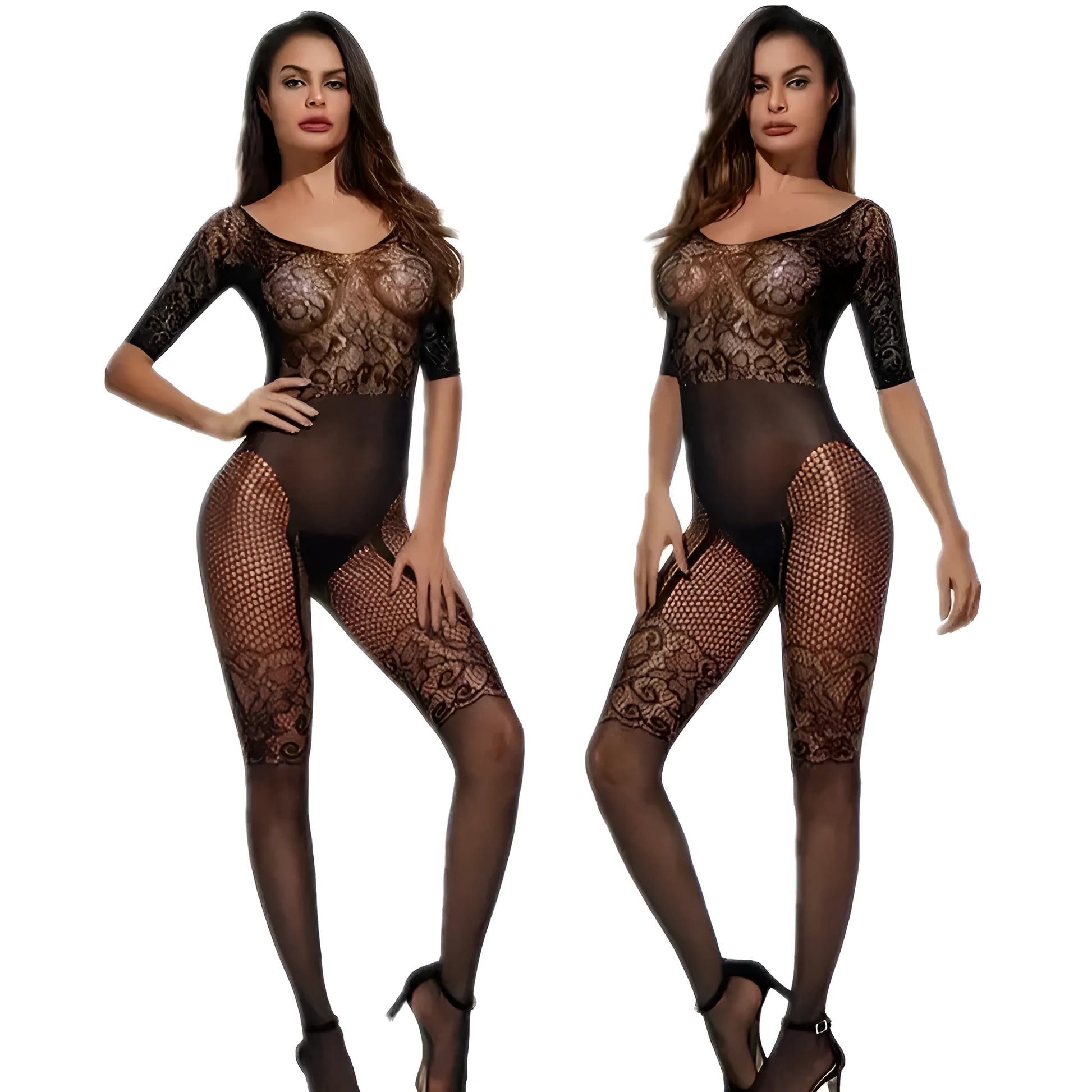 Czarny Bodystocking z koronkową górą i wiązaniem na plecach