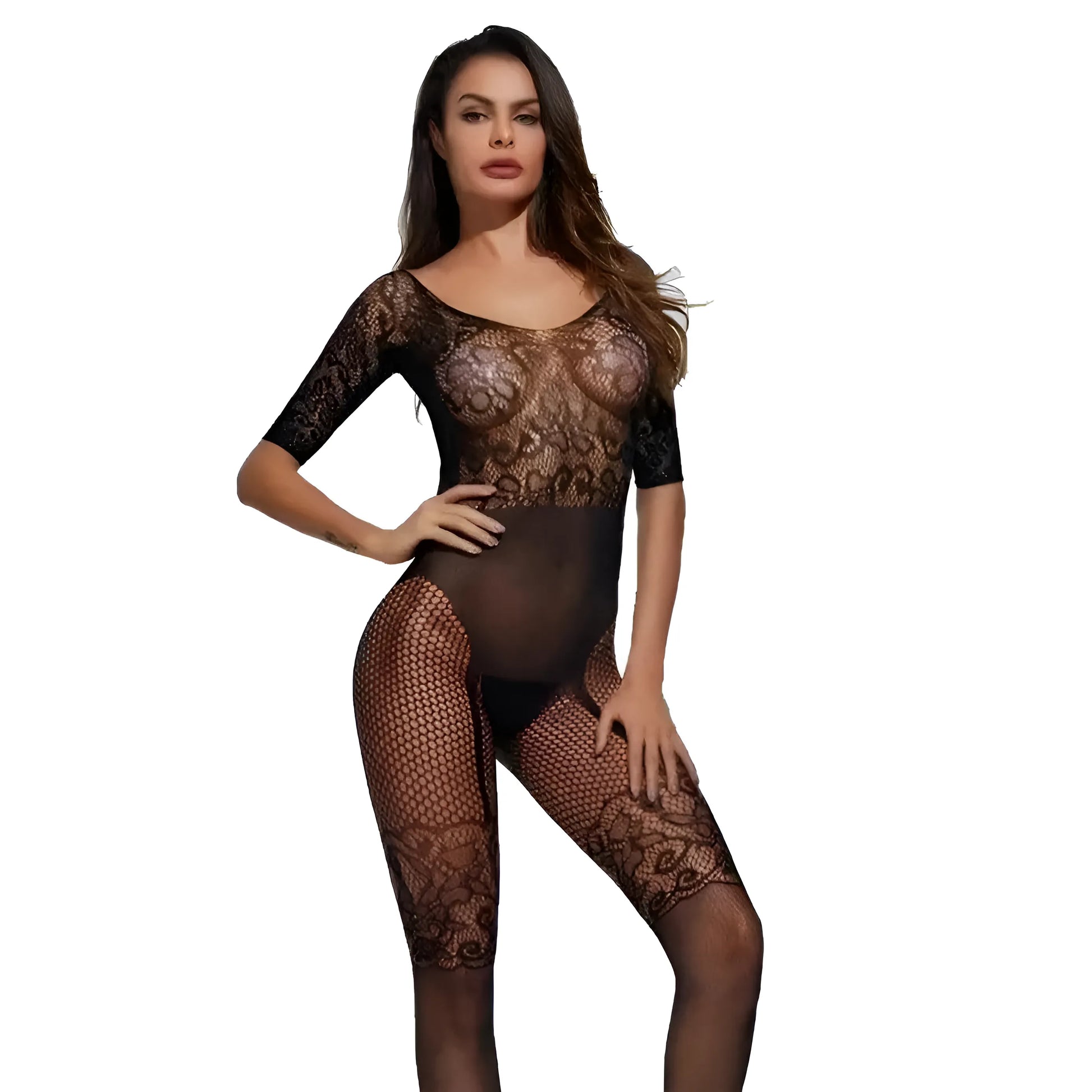 Czarny Bodystocking z koronkową górą i wiązaniem na plecach