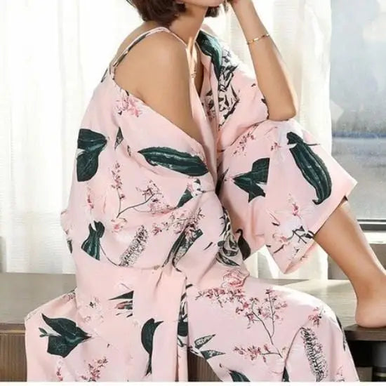 Długa piżama w kwiaty - Różowy / S