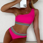 Dwuczęściowy strój kąpielowy bikini na jedno ramię - Różowy / S