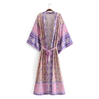 Fioletowy Długie kimono plażowe w stylu boho