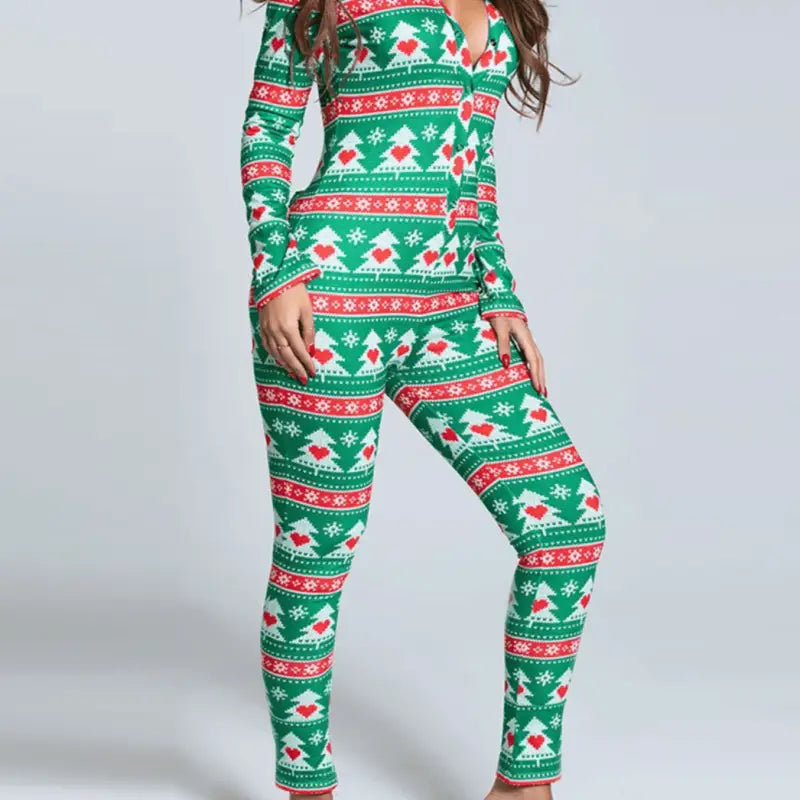Jednoczęściowa piżama damska w świąteczne wzory - Zielony /