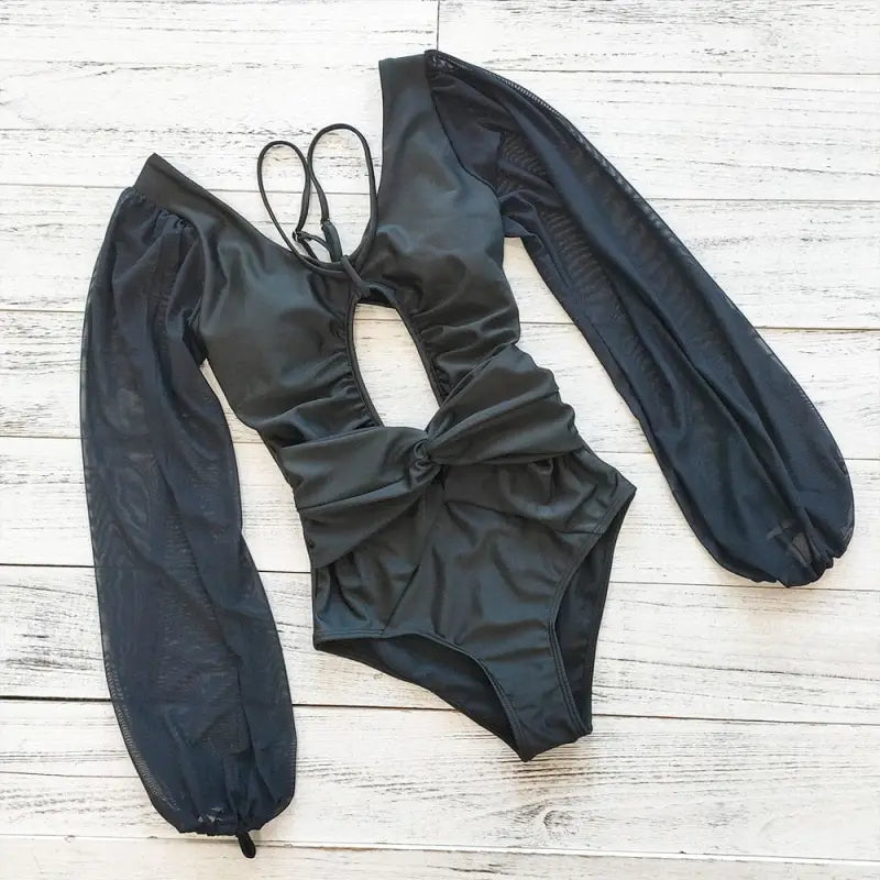 Jednoczęściowy strój kąpielowy z długim rękawem - Czarny / S