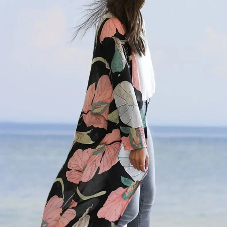 Kimono plażowe w duże kwiaty - Czarny / S