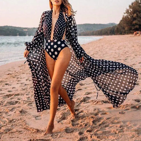 Kimono plażowe w groszki - Czarny / Uniwersalny