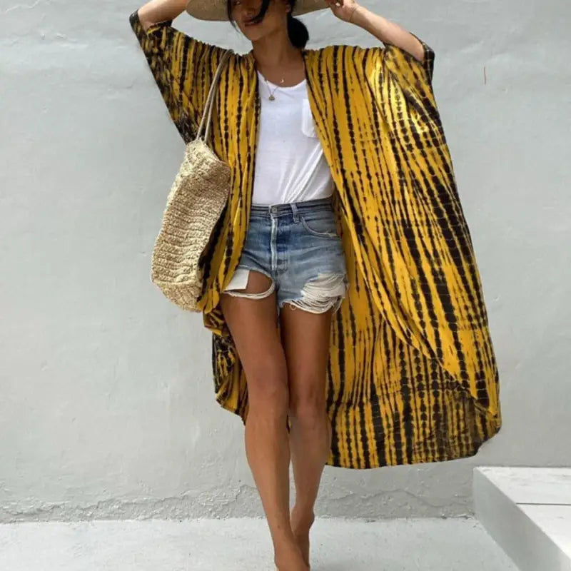 Kimono plażowe w paski - Żółty / Uniwersalny
