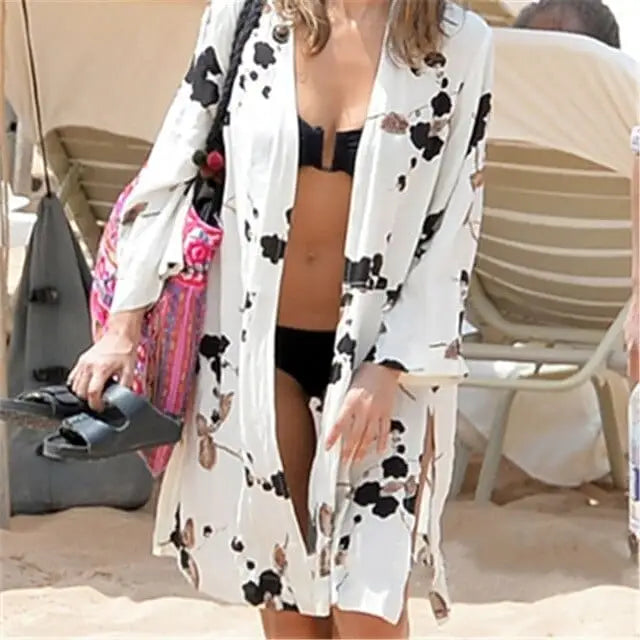Kimono plażowe z długim rękawem - Biały / Uniwersalny