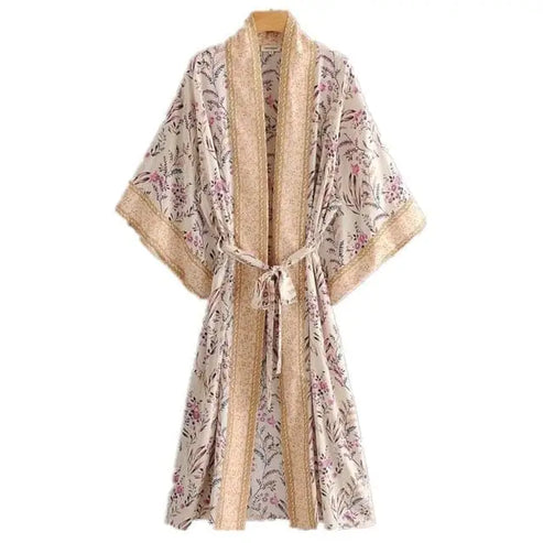 Kimono plażowe z ozdobnym wykonćzeniem - Beżowy /
