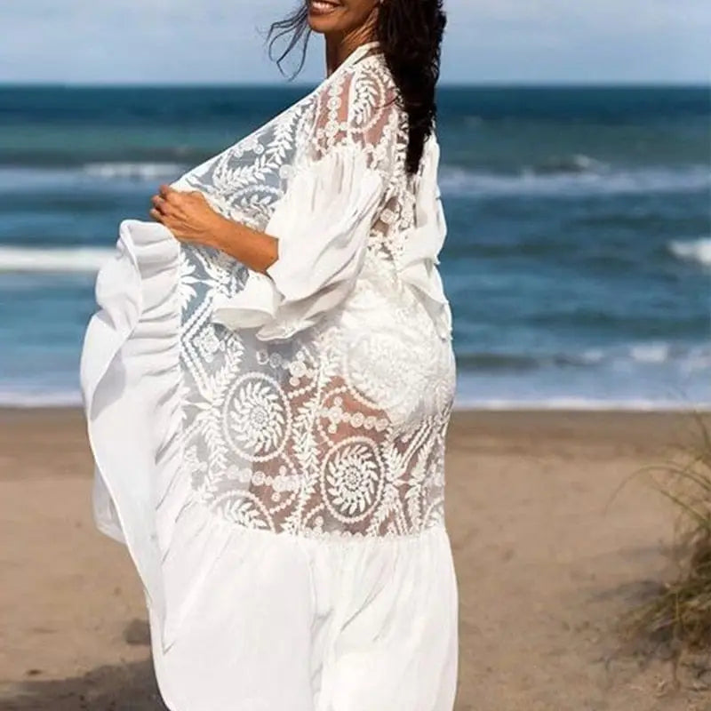 Koronkowe kimono plażowe - Biały / Uniwersalny