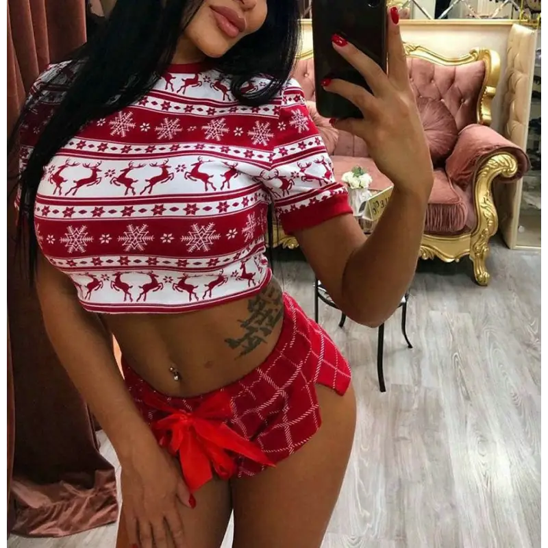 Krótka piżama damska z motywem świątecznym - Czerwony / S