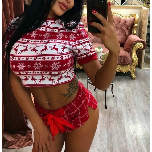 Krótka piżama damska z motywem świątecznym - Czerwony / S