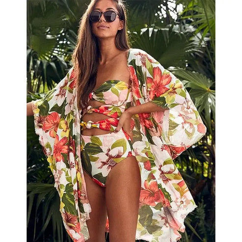 Krótkie kimono plażowe w kwiaty - Pomarańczowy / S