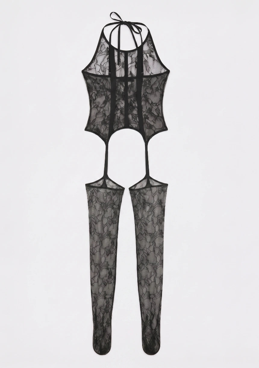 Koronkowe bodystocking na ramiączkach z pończochami