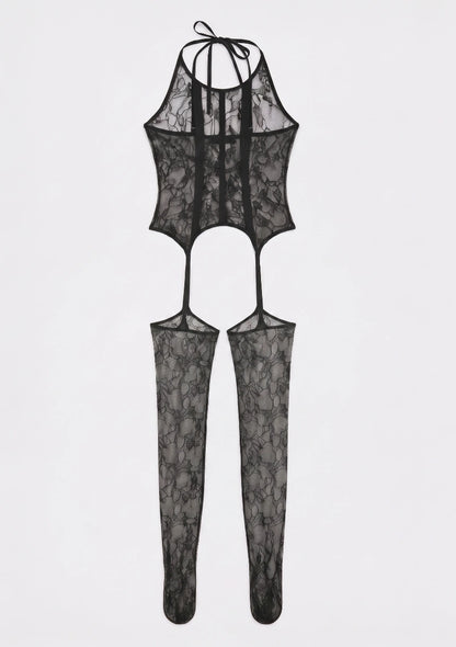 Koronkowe bodystocking na ramiączkach z pończochami