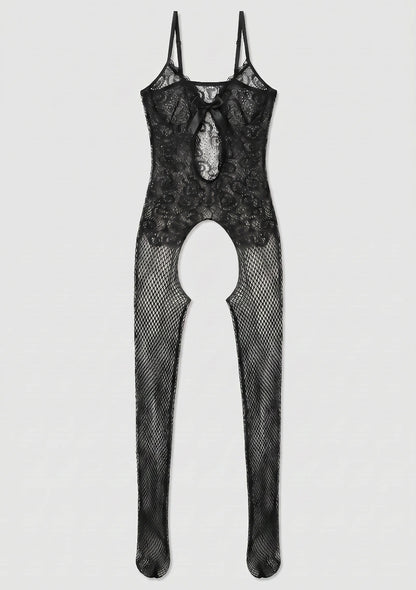 Bodystocking o wzorze kabaretki z ozdobną kokardką
