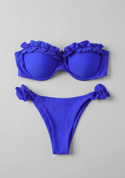 Dwuczęściowy strój kąpielowy bikini z ozdobnymi falbankami