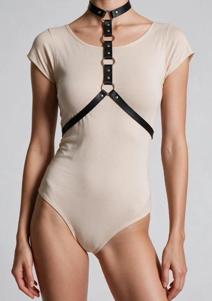 Skórzany harness do biustonosza z chokerem