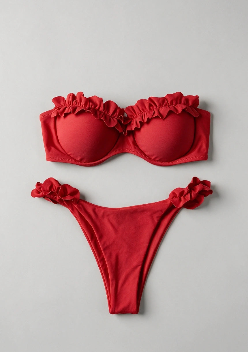 Dwuczęściowy strój kąpielowy bikini z ozdobnymi falbankami