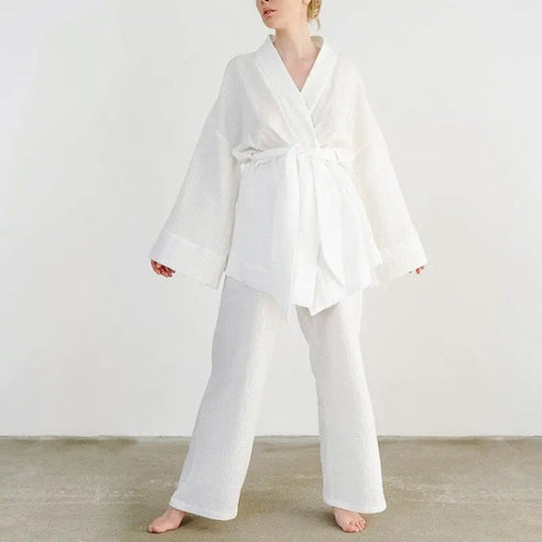 Muślinowa piżama z wiązaniem - Biały / S