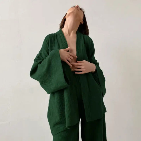 Muślinowa piżama z wiązaniem - Zielony / S
