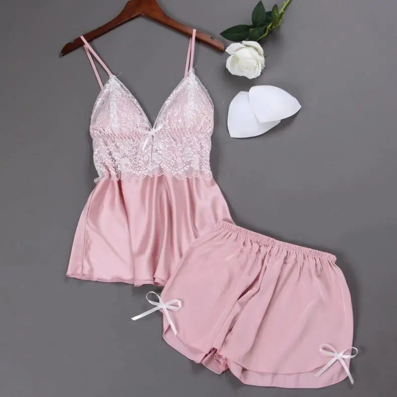 Piżama damska z koronkowym biustem - Różowy / S