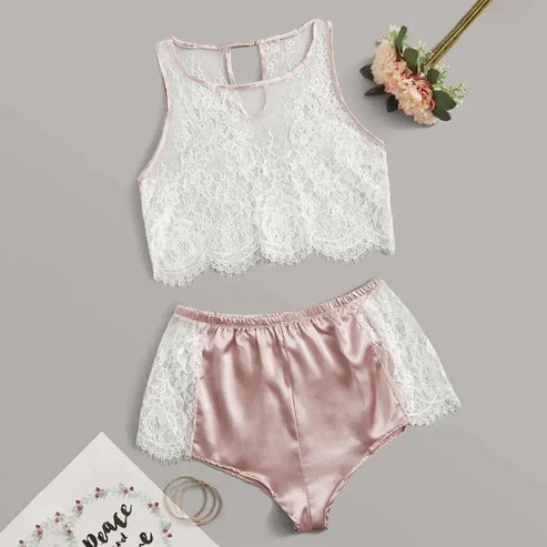 Piżama damska z koronkowym topem - Różowy / S