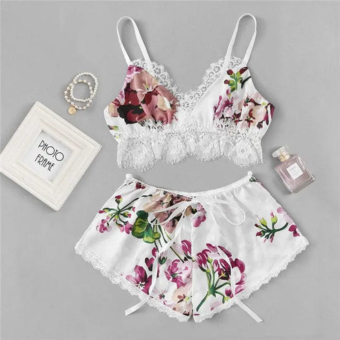Piżama damska z motywem kwiatów - Biały / S